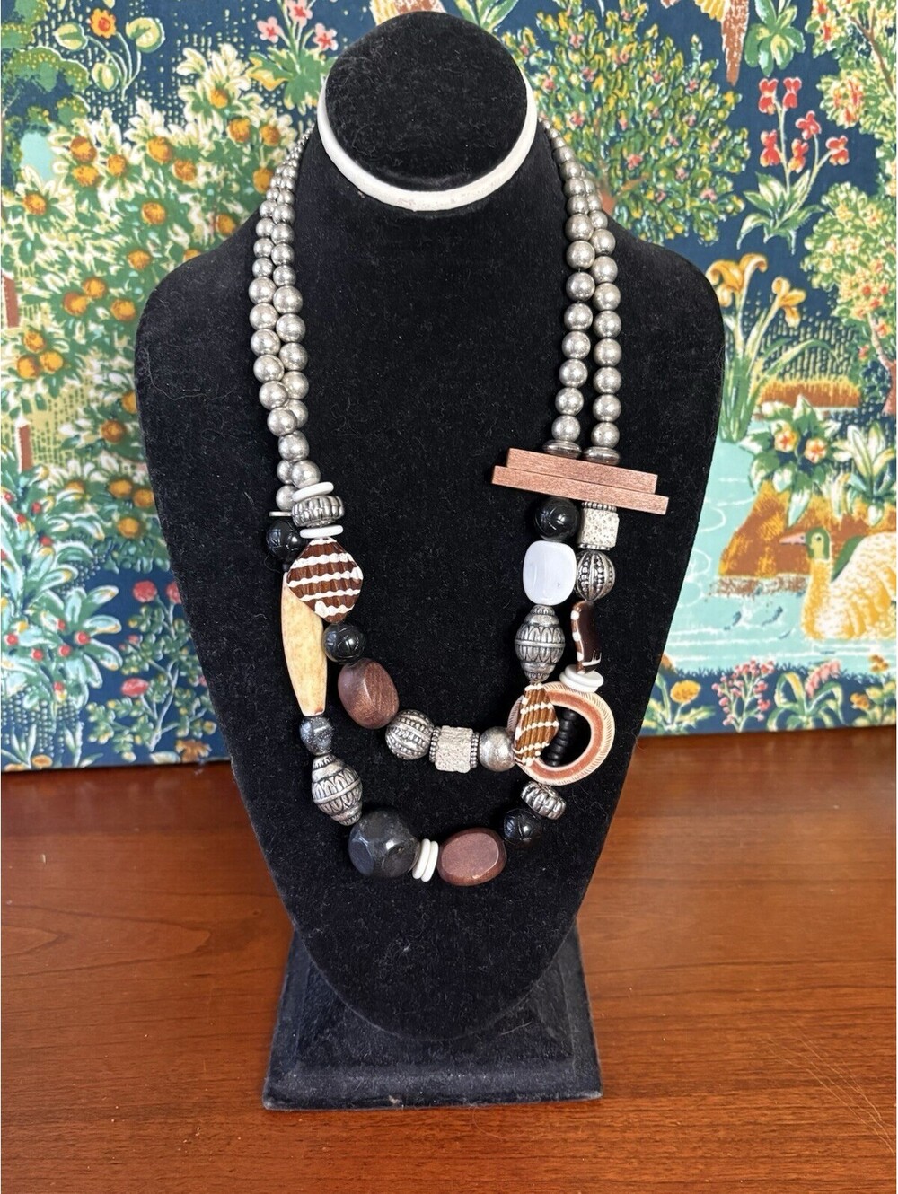 Chico's Natural Colored Wood, Silver Tone, & Acrylic Beaded Necklace 22-26"